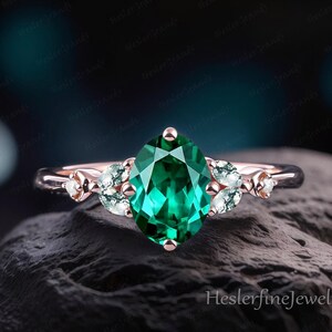 Oval Emerald Engagement Ring Rose Gold Bridal Ring Moon Cluster Promise Ring Green Gemstone Art Deco Ring May Birthstone Jewelry Gifts