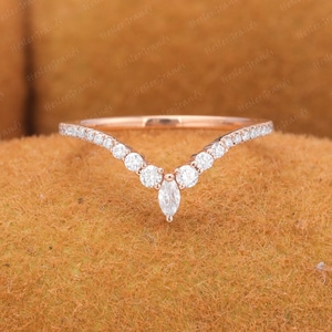 Curved Moissanite wedding band Vintage Rose gold wedding band women Unique Half eternity Marquise cut Diamond ring stacking matching band