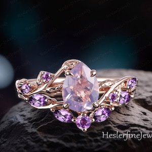 Pear Lavender Amethyst Engagement Ring Bridal Sets Rose Gold Art Deco Ring Leaf Nature Inspired Promise Ring Gemstone Cluster Ring For Women