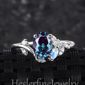 Oval Alexandrite Engagement Ring 14K White Gold Bridal Ring Promise Moonstone Ring Leaf Ring Colour Changing Stone Anniversary Gifts