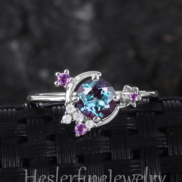Alexandrite Engagement Ring Moon Star White Gold Vintage Colour Changing Stone Platinum Promise Ring Amethyst Dainty Ring Anniversary Gifts