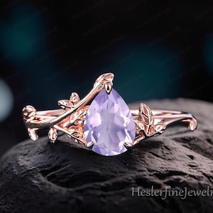 Pear Lavender Amethyst Engagement Ring Leaf Ring Rose Gold Art Deco Ring Bridal Ring Nature Inspired Promise Ring Handmade Jewelry Gifts