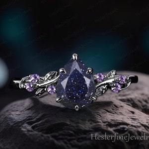 Gothic Black Gold Pear Blue Sandstone Engagement Ring Bridal Ring Leaf Ring Art Deco Ring Promise Ring Galaxy Starry Sky Cluster Ring