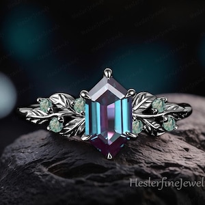 Gothic Black Gold Long Hexagon Cut Alexandrite Engagement Ring Bridal Ring Nature Inspired Leaf Promise Ring Art Deco Ring Statement Ring