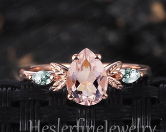 Bague de fiançailles en morganite poire, bague de promesse en or rose, bague Art déco en morganite rose inspirée de la nature, bijoux faits main, cadeaux pour femme