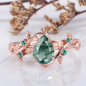 Vintage Pear cut Moss agate Engagement Ring 14k Solid Rose Gold Ring Alternative Gemstone Ring Nature Inspired Leaf Ring Anniversary Gifts