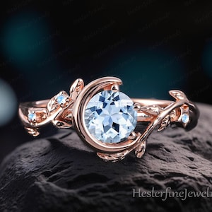 Natural Aquamarine Engagement Ring Bridal Ring Rose Gold Moon Design Ring Art Deco Ring Leaf Mar Birthstone Gemstone Handmade Jewelry Gift