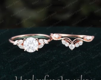 Moissanite engagement ring set rose gold unique Cluster engagement ring sets Moissanite vintage Marquise Diamond Promise Anniversary ring