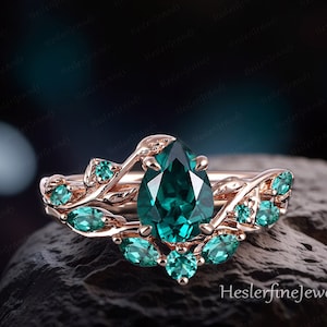 Ensembles de bague de fiançailles poire émeraude bague art déco en or rose parure feuille d&#39;inspiration nature pour la mariée bague de promesse bague grappe de pierres précieuses vertes pour femme