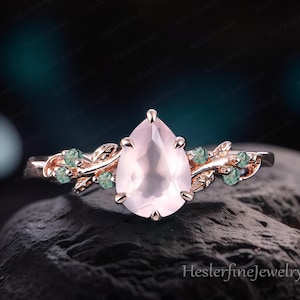Art Deco Ring Pear Rose Quartz Engagement Ring Bridal Ring Rose Gold Leaf Promise Ring Nature Inspired Cluster Ring Handmade Jewelry Gifts