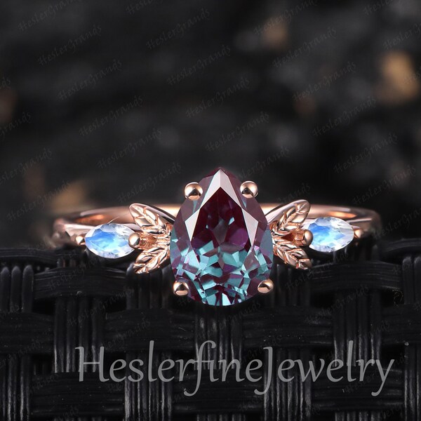 Pear Alexandrite Engagement Ring Rose Gold Leaf Promise Ring Colour Changing Stone June Birthstone Art Deco Ring Handmade Jewelry Gifts