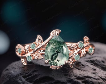 Vintage Leaf Moss Agate Ring Engagement Ring Pear Shaped Gems Rose gold Unique Art Deco Opal Wedding Bridal Ring Promise Ring Women