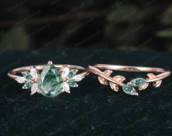 Vintage Birnenförmige Moosachat Verlobungsringe Sets Ring Rose Gold Cluster Verlobungsring Einzigartige Diamant Hochzeit Braut Jubiläum