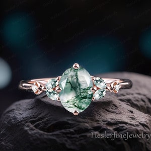 Oval Natural Moss Agate Engagement Ring Rose Gold Bridal Ring Moon Cluster Promise Ring Natural Gemstone Ring Handmade Jewelry Gifts