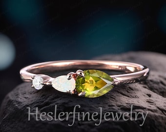 Vintage 3 Stone Peridot Ring Engagement Ring Promise Ring  Pear Shaped Gems Rose gold Unique Art Deco Opal Wedding Bridal Ring Women