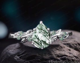 Art Deco Pear Shaped Moss Agate Engagement Ring Bridal Ring White Gold Leaf Promise Ring Nature Inspired Gemstone Cluster Ring  Jewelry Gift