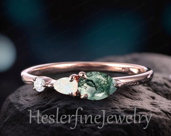 Vintage 3 Stein Moos Achat Ring Verlobungsring Birnenförmige Edelsteine Roségold Einzigartiger Art Deco Opal Hochzeit Brautring Versprechensring Frauen