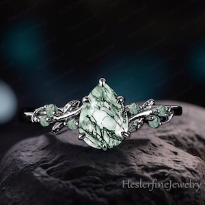 Gothic Black Gold Art Deco Pear Moss Agate Engagement Ring Bridal Sets Leaf Ring Promise Ring Nature Inspired Gemstone Cluster Ring