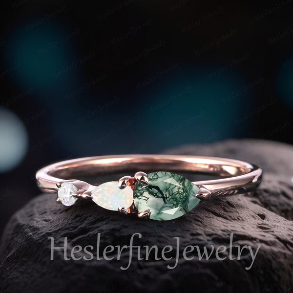 Vintage 3 Stone Moss Agate Ring Engagement Ring Pear Shaped Gems Rose gold Unique Art Deco Opal Wedding Bridal Ring Promise Ring Women
