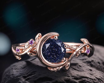 Blue Sandstone Engagement Ring Bridal Ring Rose Gold Moon Design Ring Art Deco Ring Leaf Galaxy Starry Sky Gemstone Handmade Jewelry Gift