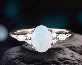 Oval opal engagement ring vintage unique Cluster yellow gold engagement ring Marquise diamond wedding Bridal art deco Ring Anniversary Gifts