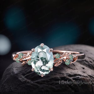 Art Deco Ring Oval Moss Agate Engagement Ring Bridal Ring Rose Gold Leaf Promise Ring Nature Inspired Gemstone Cluster Ring  Jewelry Gift