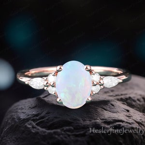 Oval opal engagement ring vintage unique Cluster yellow gold engagement ring Marquise diamond wedding Bridal art deco Ring Anniversary Gifts