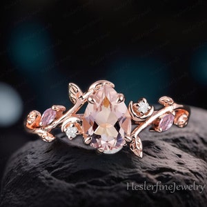 Unique Pear Morganite Engagement Ring Rose Gold Vintage Promise Ring Leaf Art Deco Ring Pink Gemstone Handmade Jewelry Gifts For Women