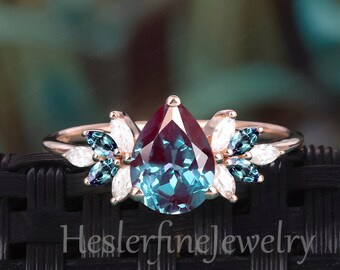 Vintage Pear Shaped Alexandrite Engagement Ring Rose Gold Cluster Engagement Ring Unique Diamond Wedding  Bridal Ring Anniversary Ring Gift
