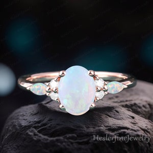 Oval Fire opal engagement ring vintage unique Cluster 14k rose gold engagement ring Marquise opal wedding Bridal art deco Anniversary