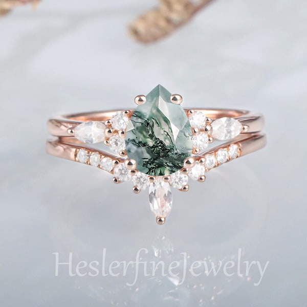 Pear moss agate engagement ring sets vintage unique Cluster rose gold engagement ring Marquise diamond wedding Bridal art deco Anniversary