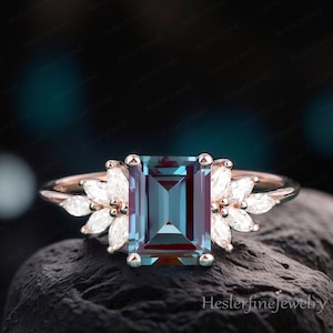 Vintage Emerald Cut Alexandrite Engagement Ring Solid 14k Rose Gold Art Deco Engagement Ring June Birthstone Unique Anniversary Gift Women