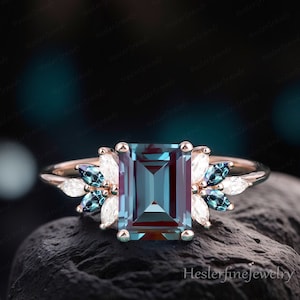 Vintage Emerald Cut Alexandrite Engagement Ring Solid 14k Rose Gold Art Deco Engagement Ring Women June Birthstone Unique Anniversary Gift