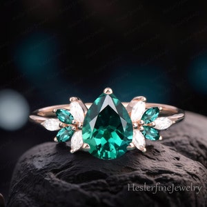 Vintage Pear Shaped  Emerald Engagement Ring Rose Gold Cluster Engagement Ring Unique May Birthstone Wedding Bridal Ring Anniversary Ring