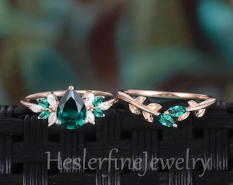 Vintage Pear Shaped  Emerald Engagement Sets Ring Rose Gold Cluster Engagement Ring Unique May Birthstone Wedding Bridal Set Anniversary