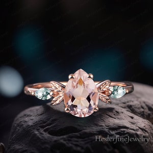Pear Morganite Engagement Ring Rose Gold Promise Ring Leaf Nature Inspired Pink Morganite Art Deco Ring Handmade Jewelry Gifts For Women