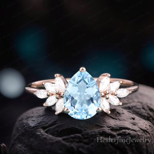 Vintage Birnen förmige Aquamarin Verlobungsring Massiv 14K Rose Gold Versprechen Ring Cluster Art-Deco-Ring Einzigartige Diamant Jubiläum Ring Geschenke