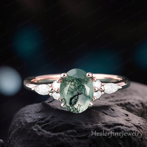 Oval Moss agate Engagement Ring Vintage Unique Cluster Solid 14K  Gold Promise ring for her Alternative Gemstone Ring Anniversary Gifts
