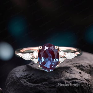 Oval Alexandrite engagement ring vintage unique Cluster yellow gold engagement ring Marquise diamond wedding Bridal art deco Anniversary