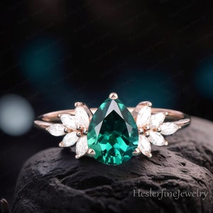Vintage Pear Cut Emerald Engagement Ring Rose Gold Cluster Engagement Ring May Birthstone Unique  Wedding Ring Bridal Ring Anniversary Ring
