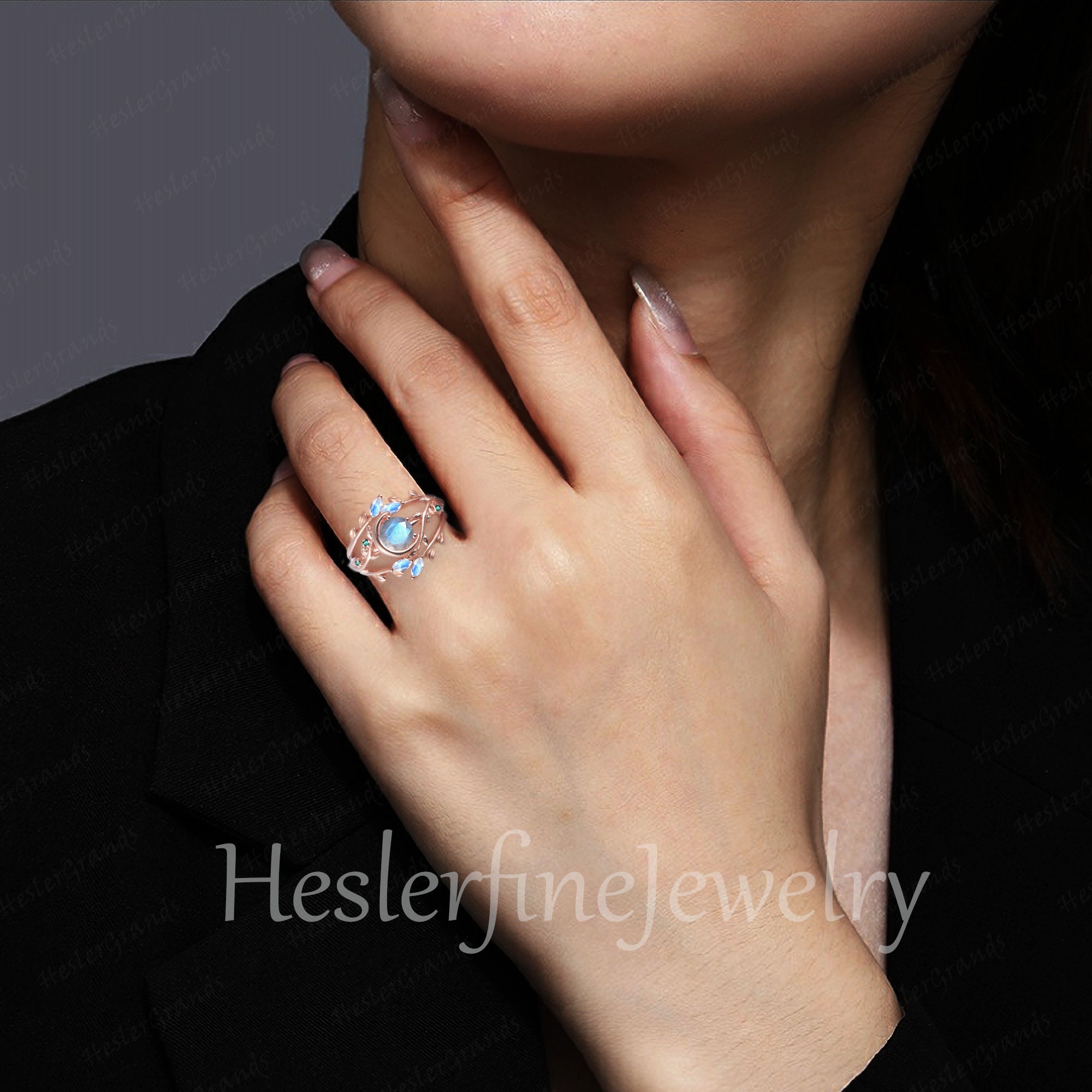 Labrine Engagement Rings Labradorite Engagement Ring Bridal Sets Rose Gold Moon Design Promise ...