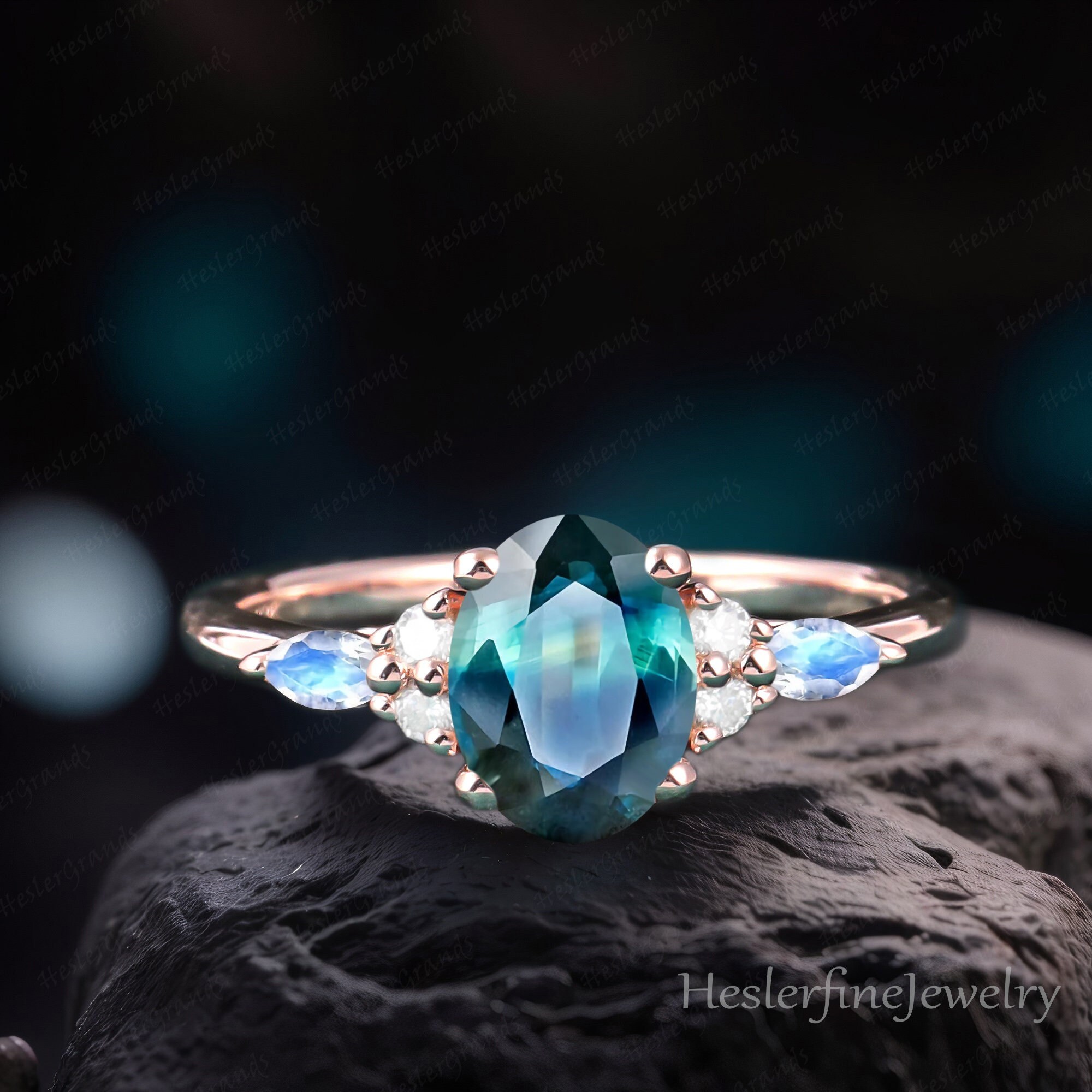 Oval Teal Sapphire Engagement Ring Vintage Unique Cluster Rose