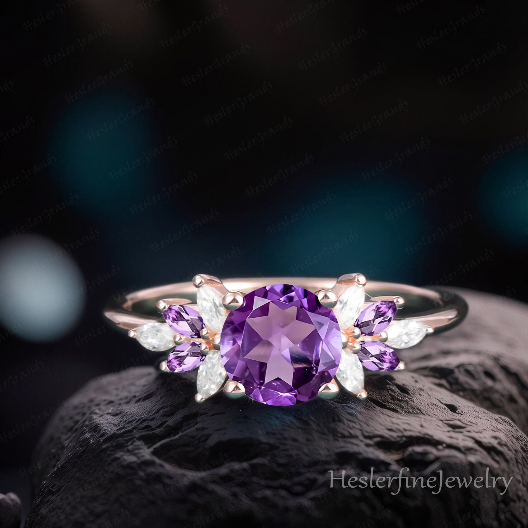 Vintage Amethyst Engagement Ring 14K Solid Rose Gold Promise Ring 