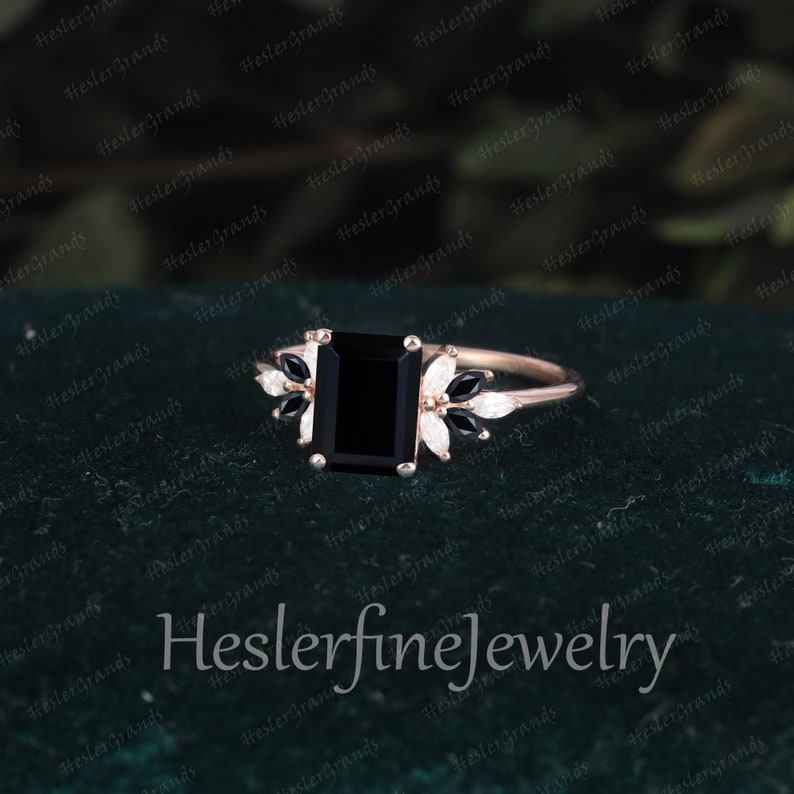 Vintage Emerald Cut Black onyx Engagement Ring Promise Ring Solid 14K Gold Cluster Art Deco Ring Unique Diamond Anniversary Ring Gifts image 3