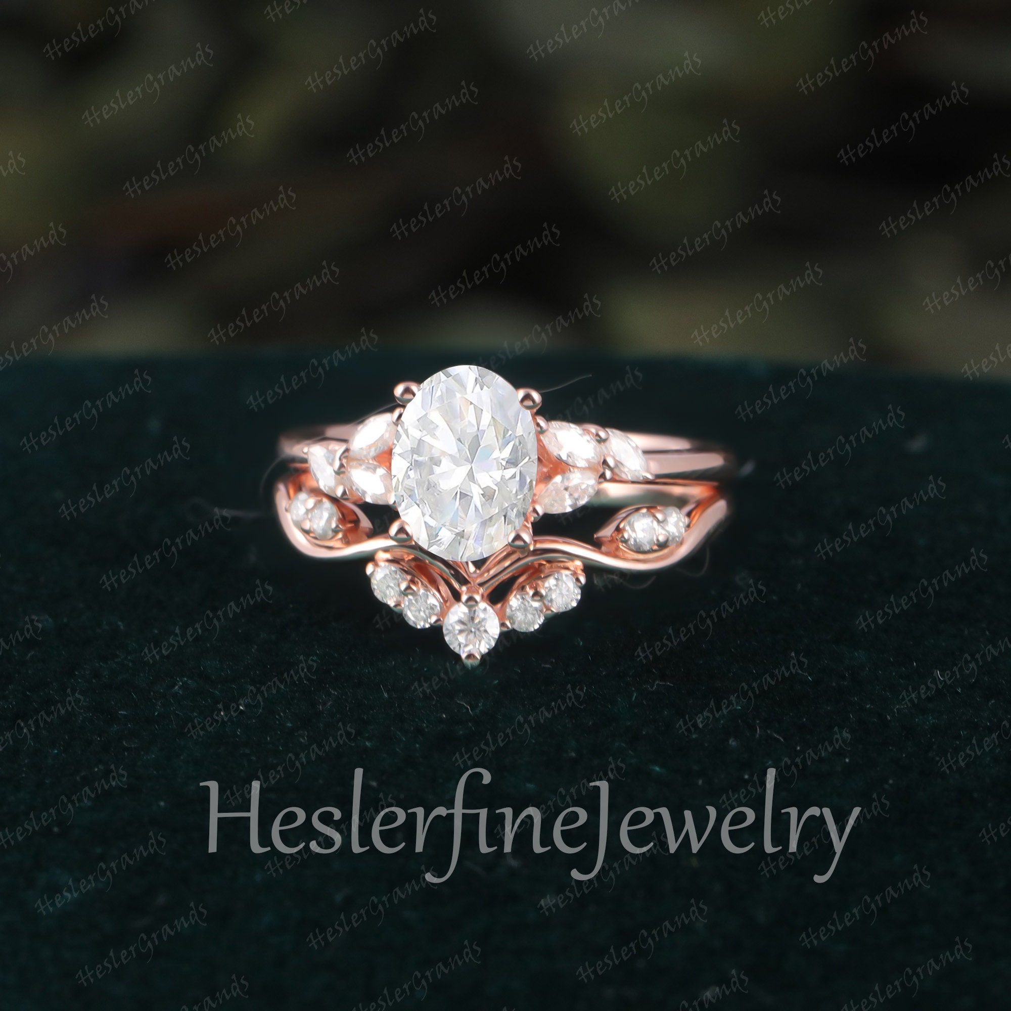 Oval Cut Moissanite Engagement Ring Set Yellow Gold Unique Cluster ...