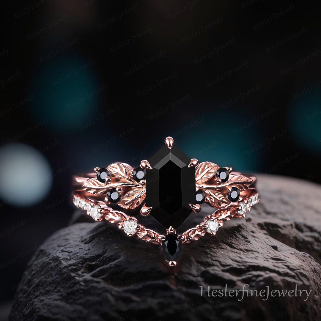Long Hexagon Cut Black Onyx Engagement Ring Sets Bridal Sets Rose
