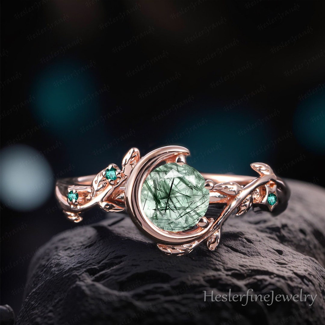 Green Quartz Rutilated Engagement Ring Bridal Ring Rose Gold Promise ...