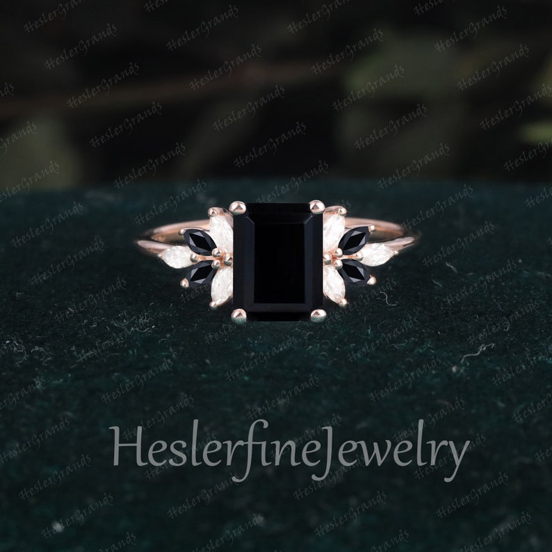 Vintage Emerald Cut Black onyx Engagement Ring Promise Ring Solid 14K Gold Cluster Art Deco Ring Unique Diamond Anniversary Ring Gifts image 1