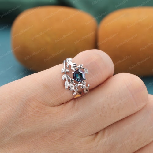 Vintage shops Alexandrite Engagement Ring White Gold Hexagon Leaf Engagement Ring Platinum alternative Wedding Bridal Anniversary Promise Ring
