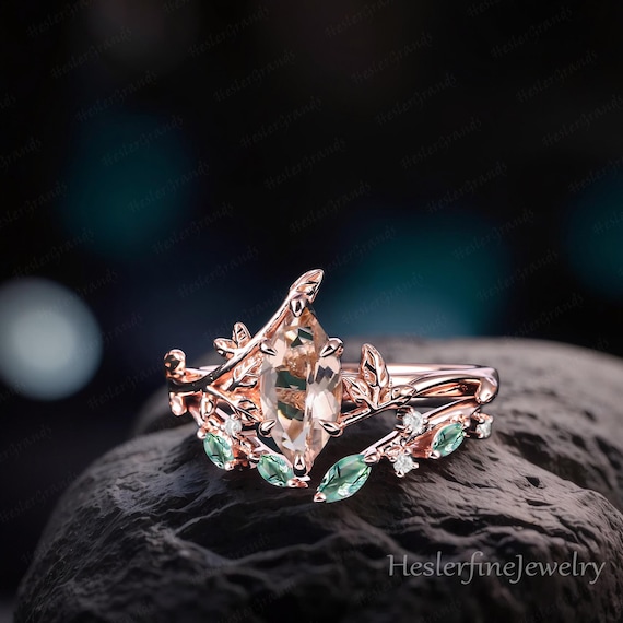 Conjuntos de anillos de compromiso de morganita con corte marquesa